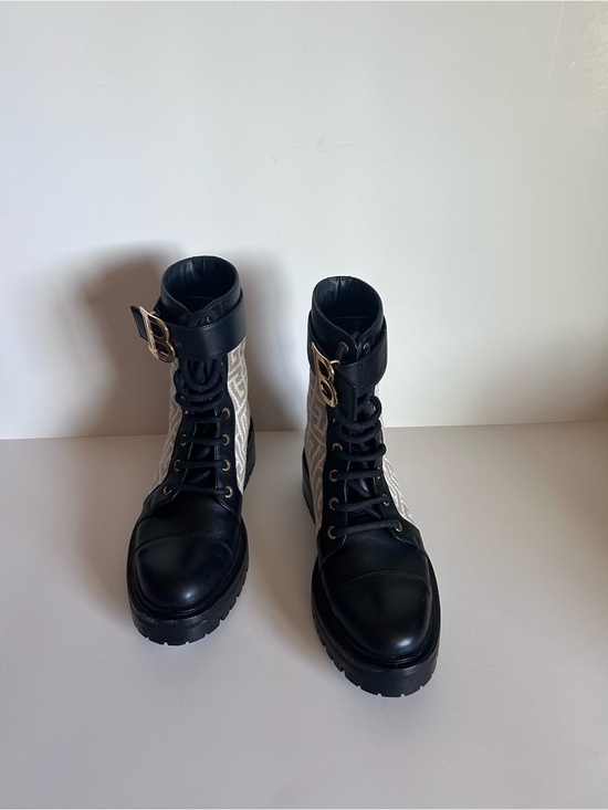 Balmain Shoes - Balmain Black and Cream Logo-Panel Combat Boots with Buckle